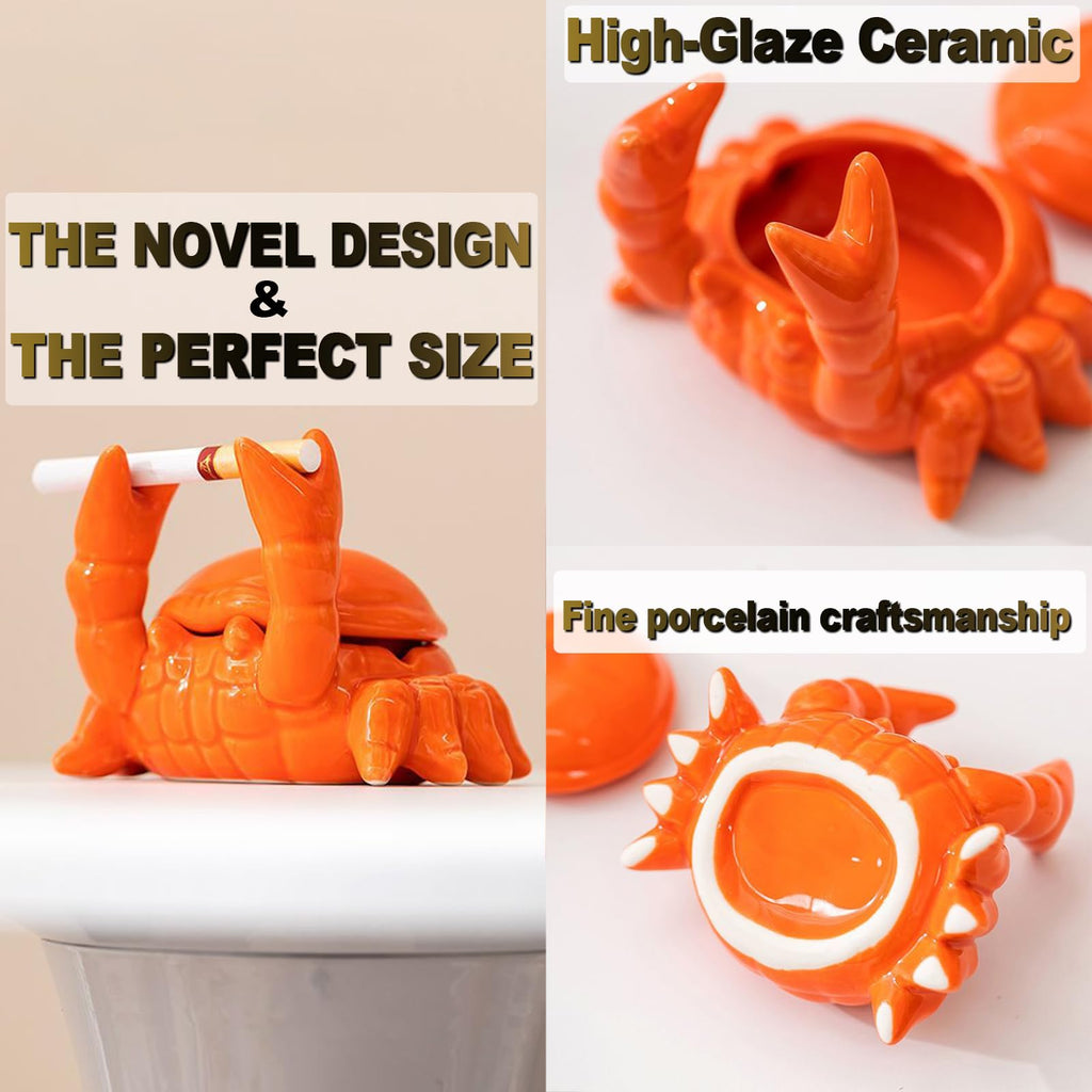 YYFWND Novelty Cool Crab Ashtray with Lid, Ceramic Unique Ash Tary for Cigarette Cigar Pipe, Windproof & Smell Proof for Desk,Living Room,Home Office,Patio,Indoor,Outdoor -Ideal Gift for Men Dad(red)