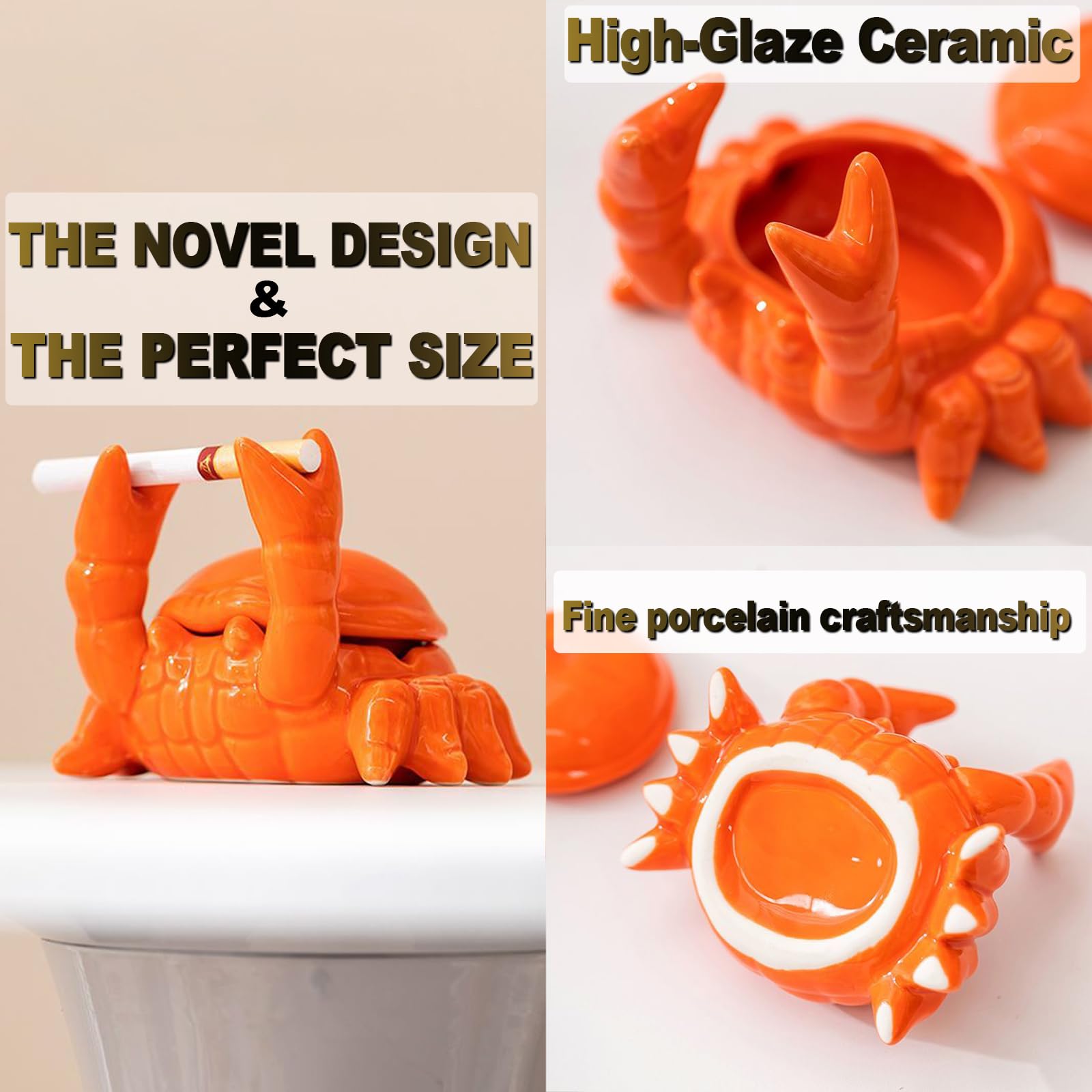 YYFWND Novelty Cool Crab Ashtray with Lid, Ceramic Unique Ash Tary for Cigarette Cigar Pipe, Windproof & Smell Proof for Desk,Living Room,Home Office,Patio,Indoor,Outdoor -Ideal Gift for Men Dad(red)