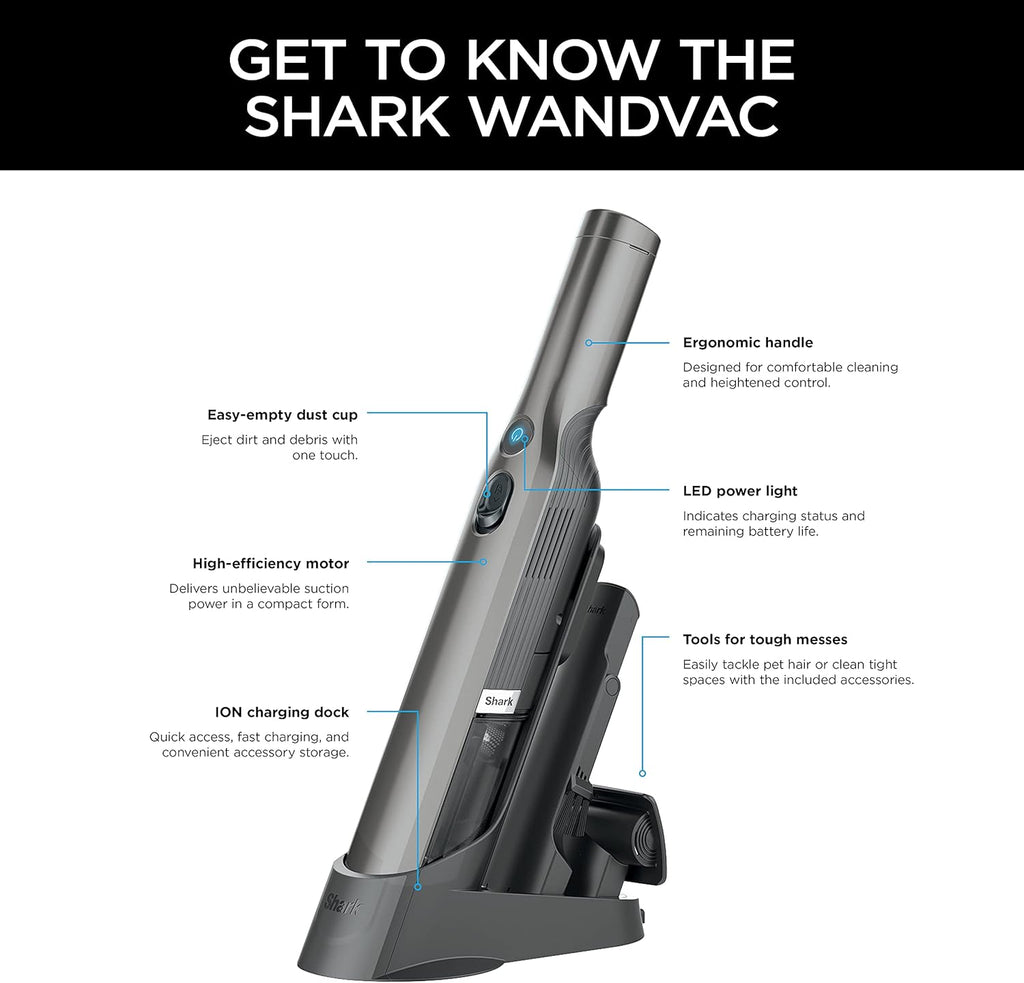 Shark WV201 WANDVAC Handheld Vacuum - Lightweight 1.4 lbs with Powerful Suction & Charging Dock | Graphite Slate