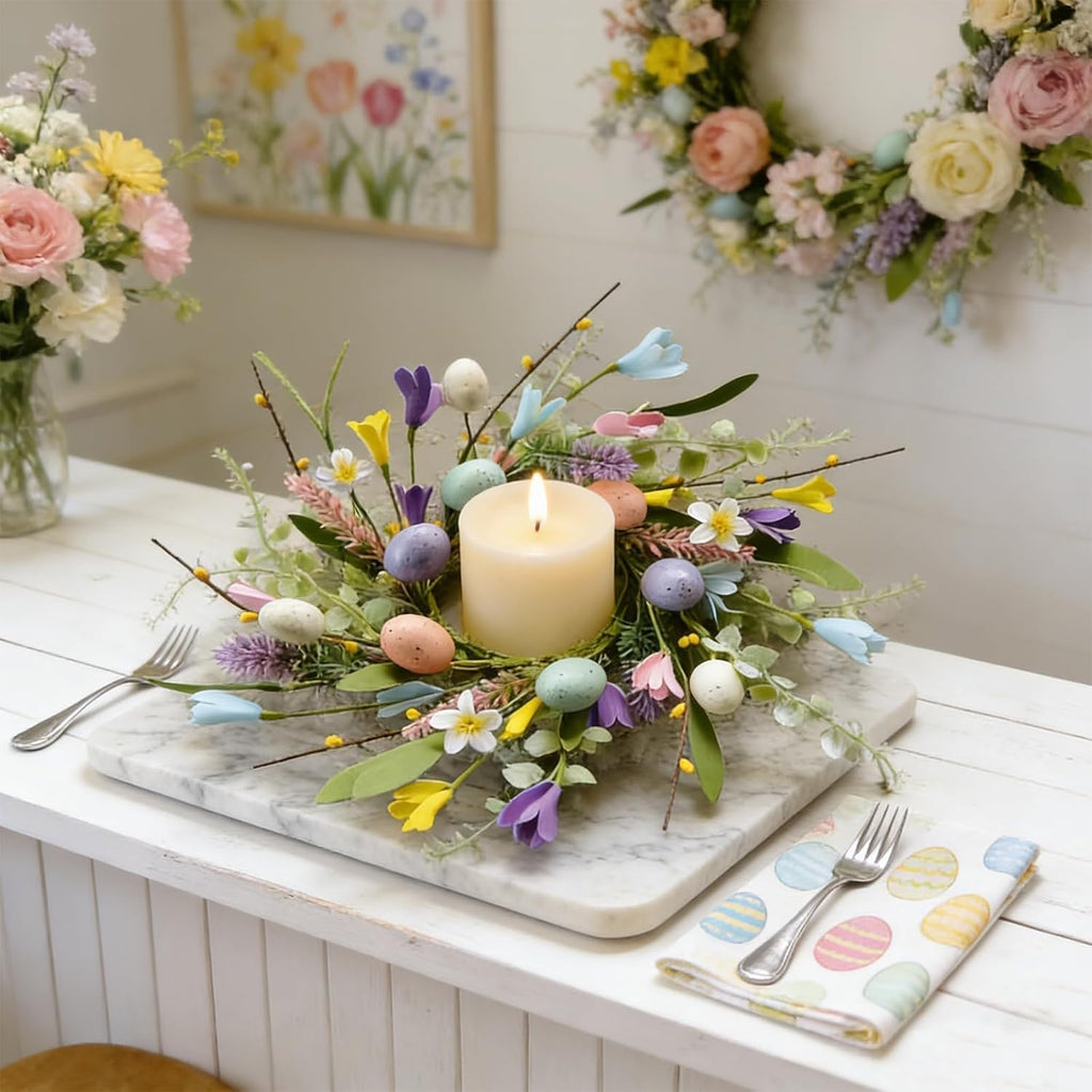 Skiennix Easter Candle Rings - 6 Pcs Mini Pillar Holders with Eggs & Flowers | Spring Yellow Berries Decor