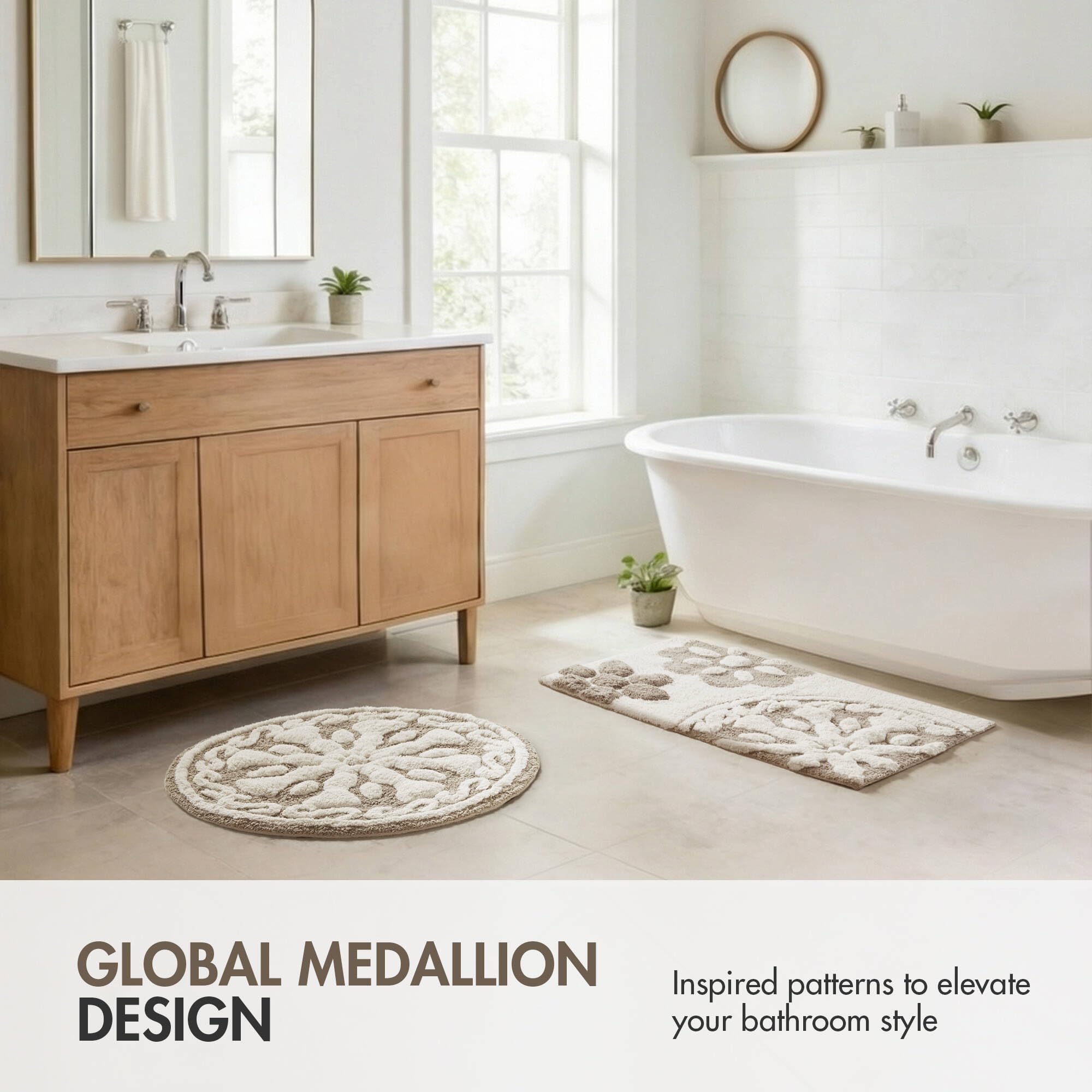 Madison Park Casablanca 100% Cotton Tufted Bathroom Rugs Luxurious Plush Medallion Floral Pattern Bath Mat Absorbent, Quick Dry, Spa Design Shower Room Décor, Rectangle 20" x 30", Taupe
