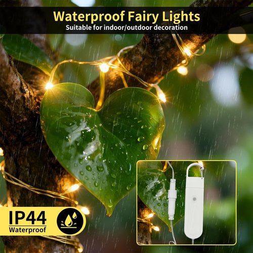 Bsgifts Rechargeable Fairy Lights Battery Operated, 33ft 100 LEDs String Lights with Remote, Waterproof, Mini Twinkle Lights for Bedroom, Christmas, Wedding, Indooor Outdoor Decor, Warm White