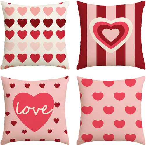 Yjunue Valentine's Day Love Heart Red Pink Throw Pillow Covers,18 x 18 Inch Red White Stripes Love Heart Anniversary Wedding Valentine Decoration Cushion Case,Set of 4