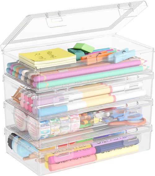 Lifewit Plastic Pencil Box - Large Capacity Snap-Tight Lid Pencil Case | 4 Pack Craft Organizer