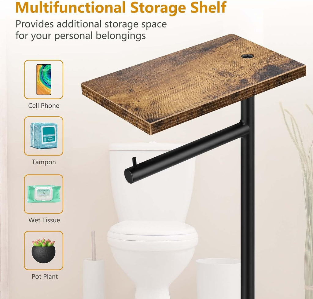 Rustic Brown Farmhouse Toilet Paper Dispenser - Free-Standing Holder with Shelf for Bathroom Storage