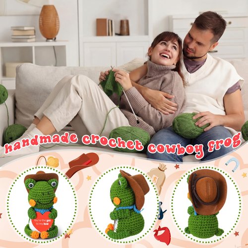 Jenaai Funny Crochet Gift for Boyfriend Girlfriend Him Her Wife Husband I Love You Gifts Anniversary and Birthday Ideas, Handmade Cowboy Frog Crochet for Couples Small Romantic Decor
