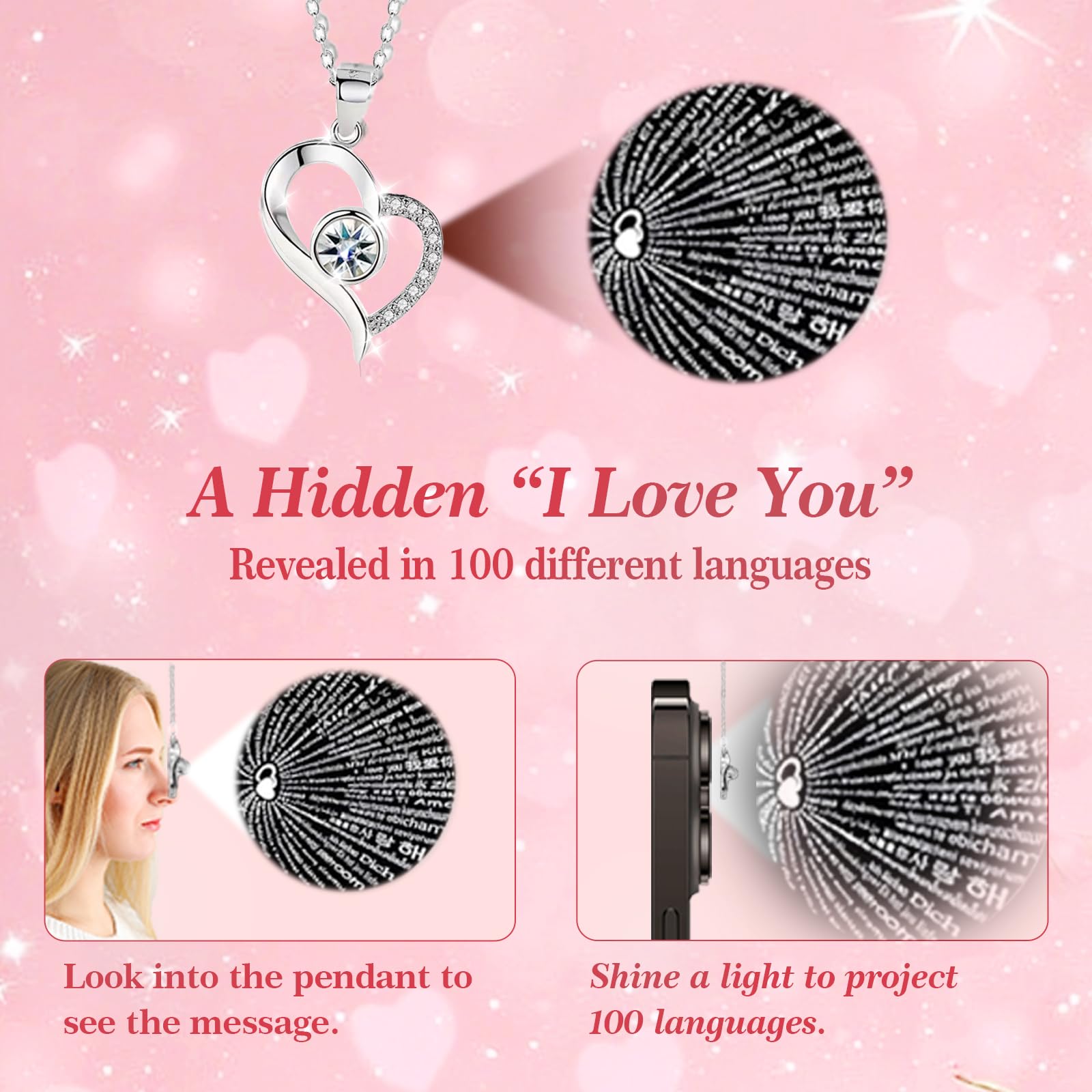 cdco Preserved Real Rose with Heart Necklace – “I Love You” in 100 Languages, Forever Romantic Anniversary Valentines Day Gifts for Her, Women, Wife, Girlfriend