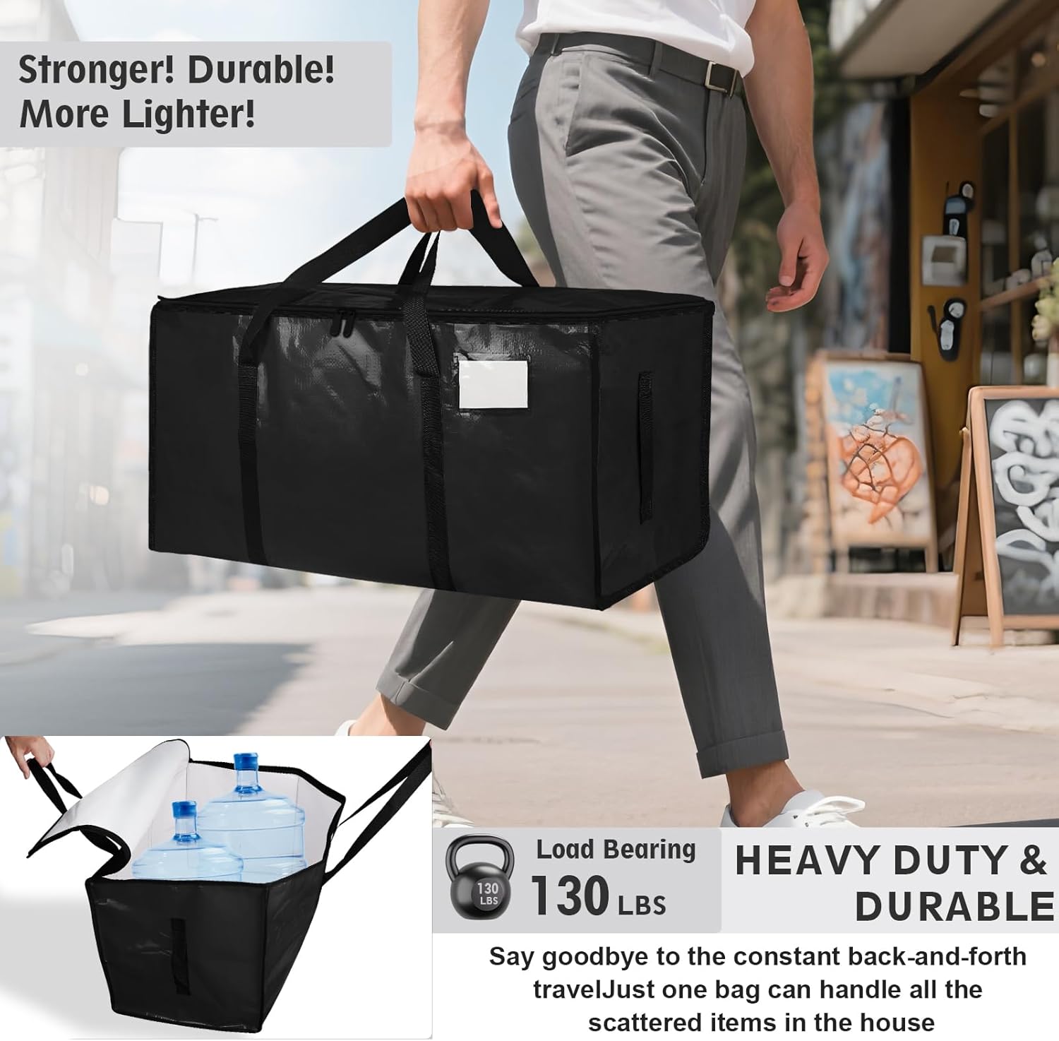 Skiennix Extra Large Heavy Duty Moving Bags - Waterproof Storage Totes with Handles & Zippers | 6 Pack (Black)