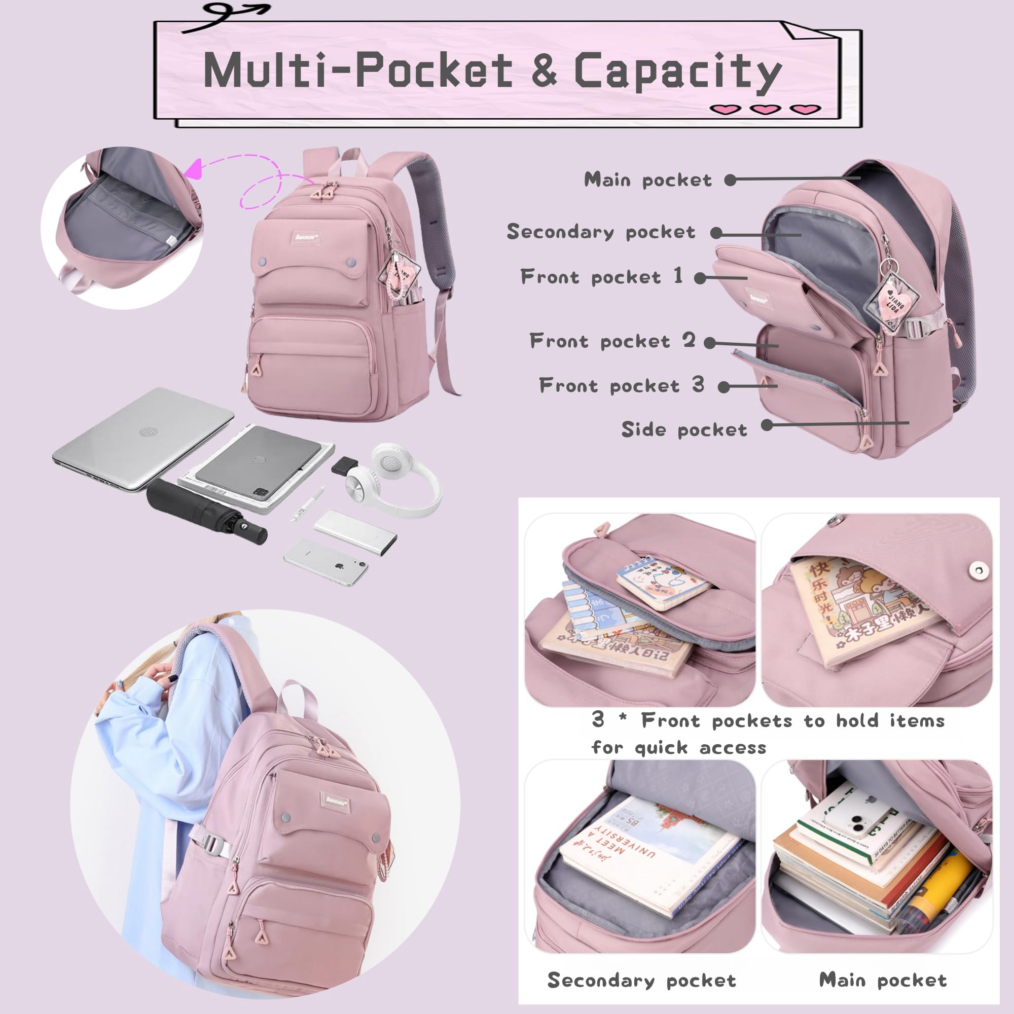 Bansusu 3Pcs Girls Backpack and Lunchbox Set for School Kids, Solid Color School Bag Backpack for Girls with Lunch Bag, Grey