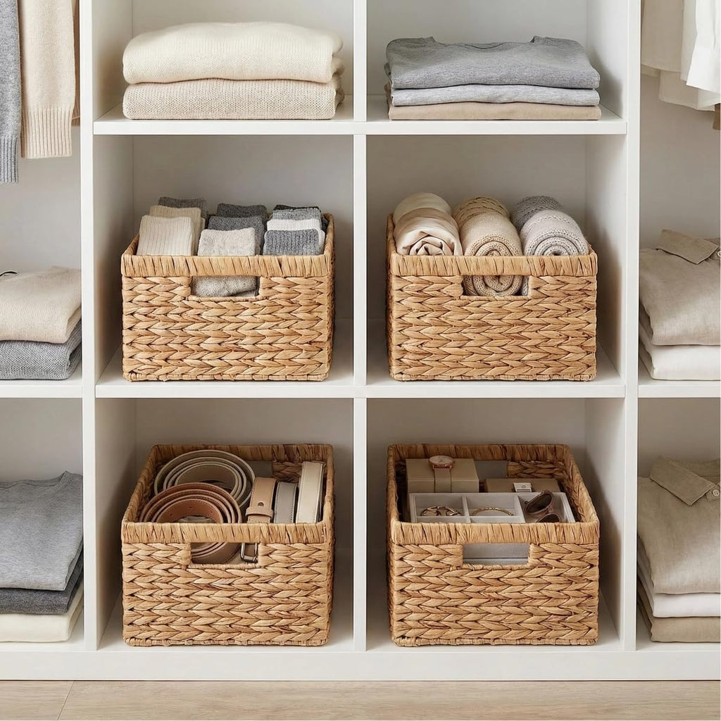Water Hyacinth Storage Baskets for Shelves, Set of 4 Wicker Pantry Shelf Baskets with Built-In Handles, Woven Organizer Bins for Closet, Bathroom, Kitchen Cabinets, 13 x 8.25 x 7 In