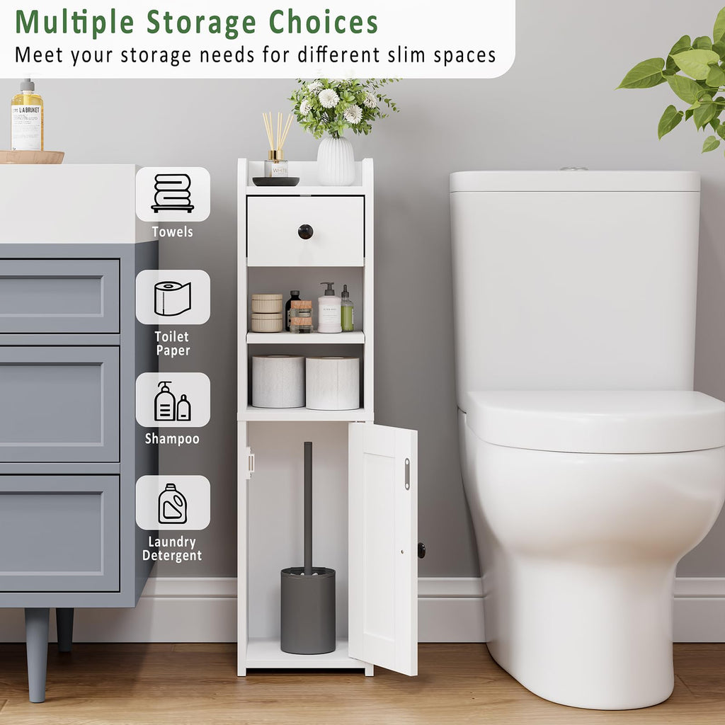 Lomojo Small Bathroom Storage Cabinet,Narrow Toilet Paper Holder,Corner Floor Cabinet with Doors and Drawer for Small Space,Adjustable Shelf Organizer,7.75L*7.75D*29.6H,White