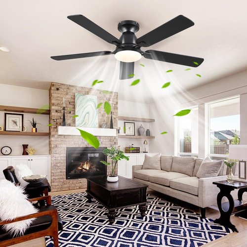 Mpayel Ceiling Fans with Lights, 52 Inch Flush Mount Ceiling Fan with Light and Remote, Low Profile Black Ceiling Fan for Bedroom Living Room, Quiet DC Motor, Reversible, Dimmable LED, Black