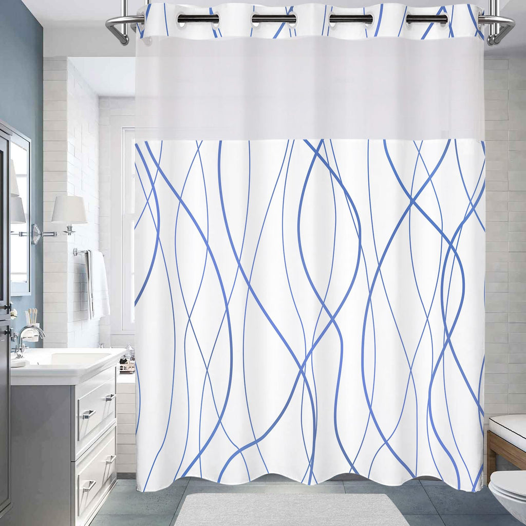 No Hook Shower Curtain with Snap in Liner Set, Black Striped Geometric Shower Curtains for Bathroom Hotel 71x74 Inch