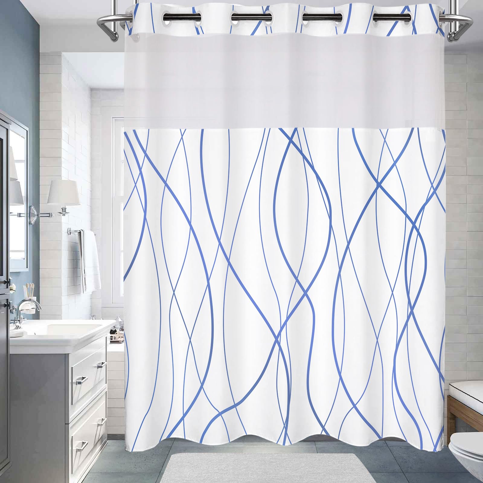 No Hook Shower Curtain with Snap in Liner Set, Black Striped Geometric Shower Curtains for Bathroom Hotel 71x74 Inch