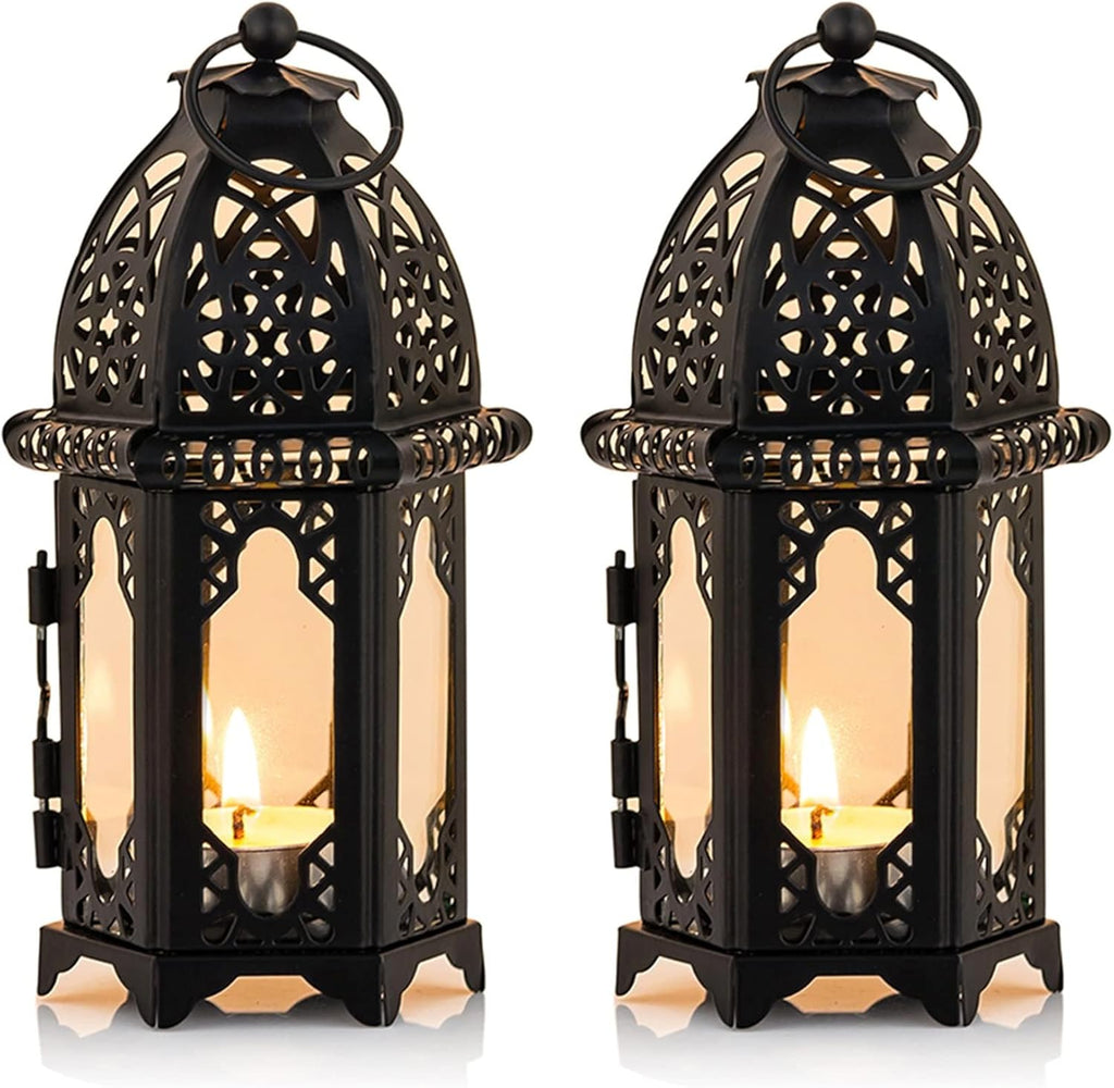 NUPTIO Moroccan Style Candle Lantern - Small Tealight Holder with Transparent Glass Panels | 2 Pcs, Black