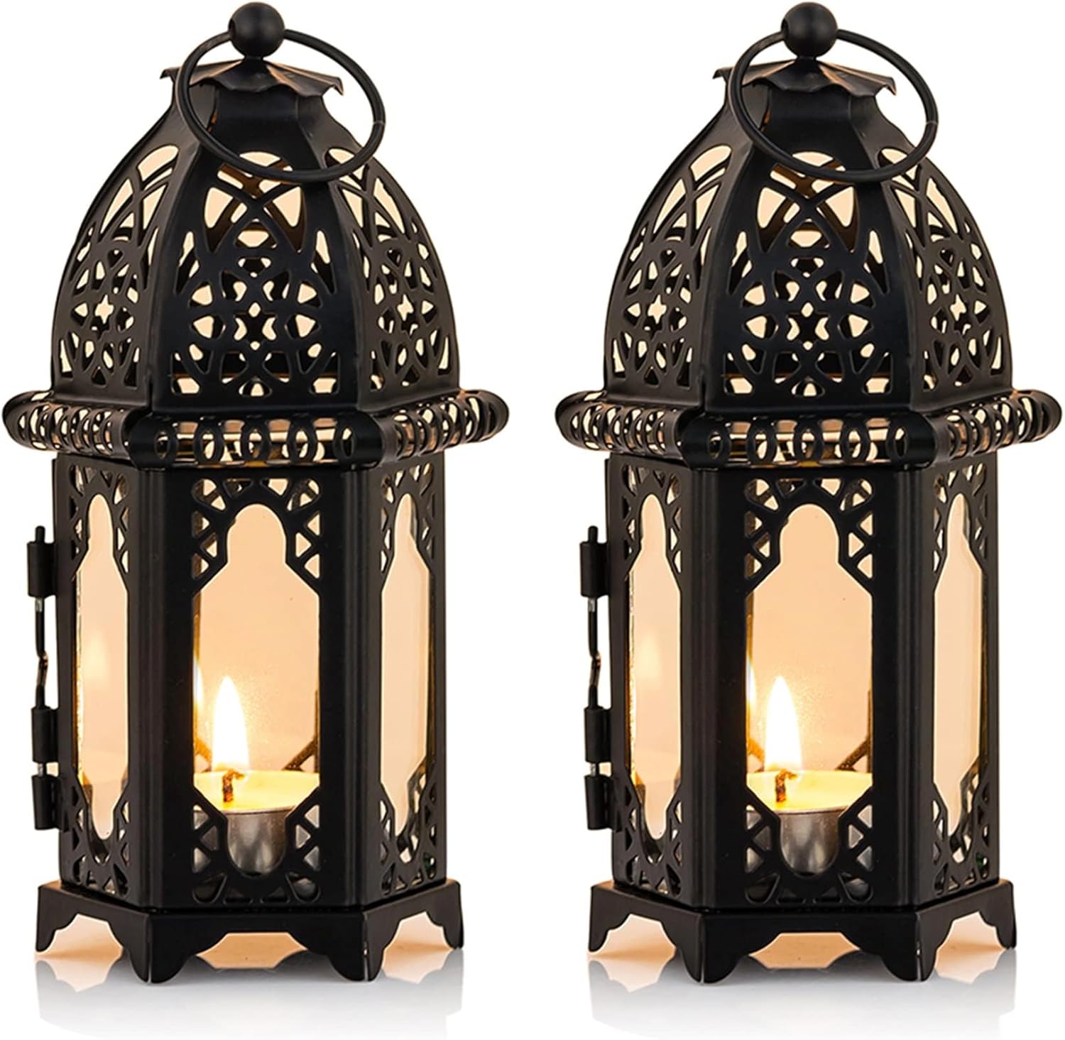 NUPTIO Moroccan Style Candle Lantern - Small Tealight Holder with Transparent Glass Panels | 2 Pcs, Black