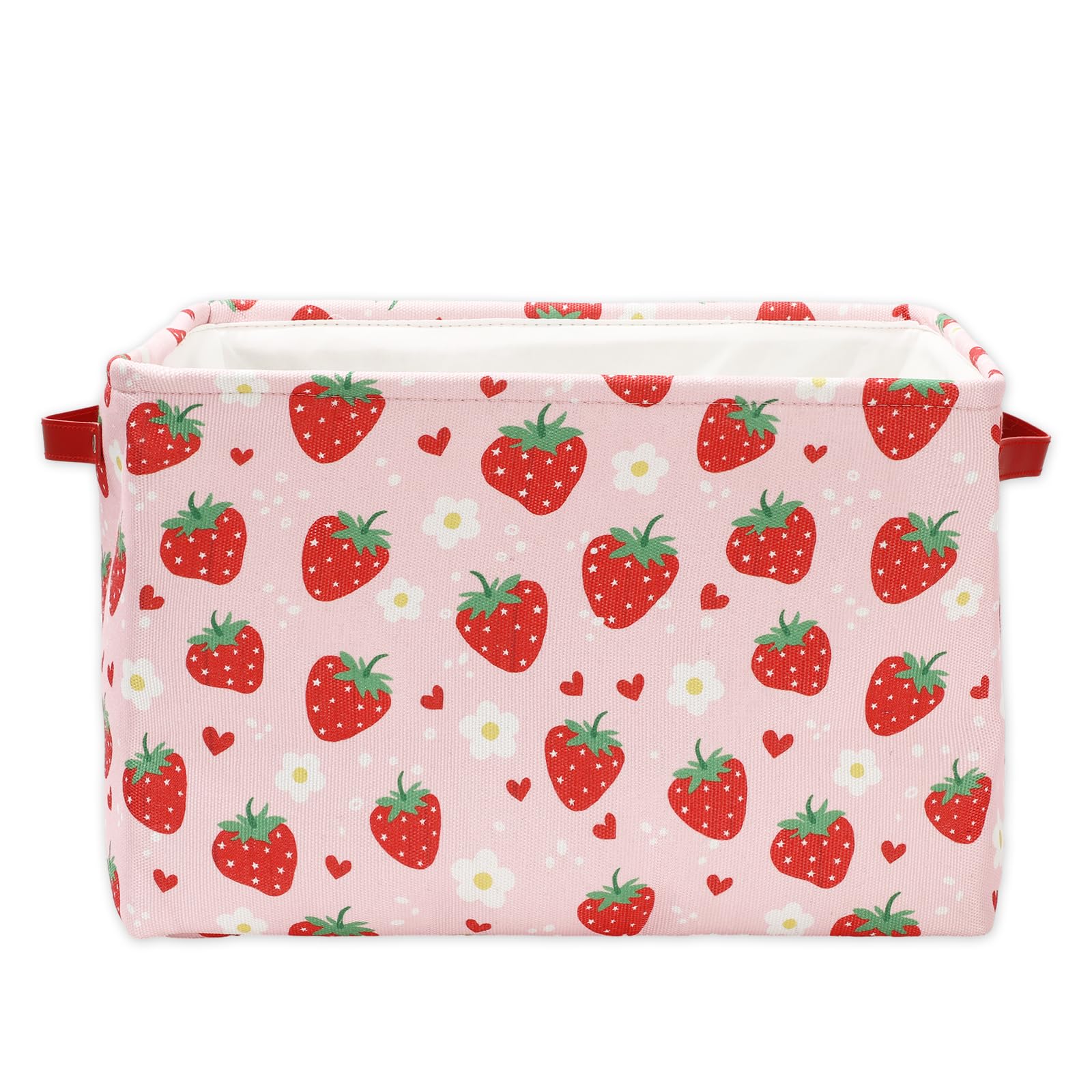 FYSUIMU Strawberry Storage Basket Foldable Strawberry Flower Heart Storage Bin with Handle Red Pink Fabric Basket for Home Office Organizer Decor, 15 x 10.2 x 9.4 Inch