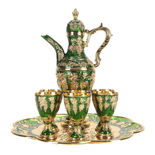 Vintage Turkish Tea Set with Metal Teapot, 6 Cups and Serving Tray, Gold Green, Traditional Coffee Serving Kit for Home