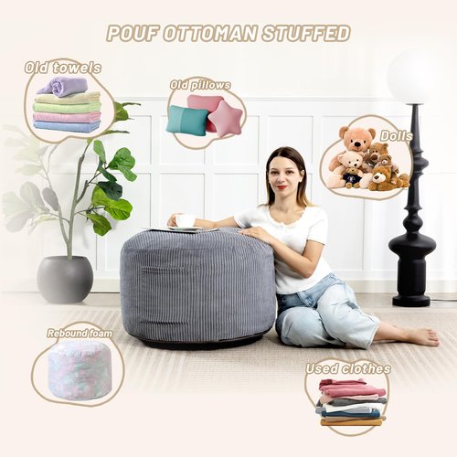 Manyday Round Stuffed Pouf Ottoman,Corduroy Foot Rest with Rebound Foam Filled, Furry and Fluffy Foot Stool Ottoman, Floor Poufs for Living Room (Gray, 20" D x 20" W x 15" H)