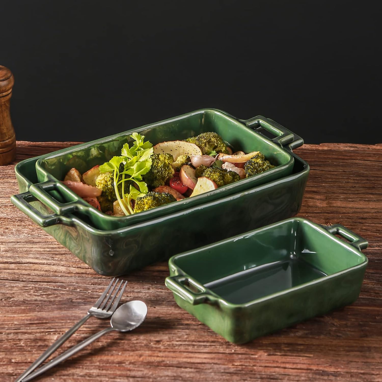 VICRAYS Ceramic Bakeware Set - Porcelain Rectangular Baking Dish for Lasagna & Casseroles | 3-Piece, 15 x 8.5 Inches (Green)