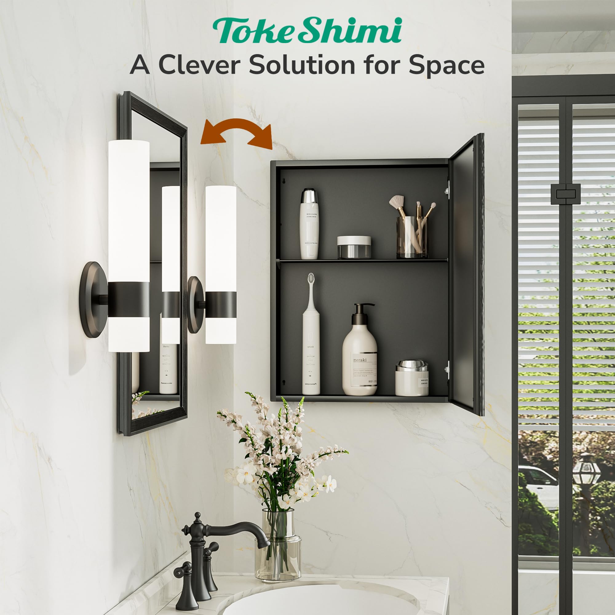 TokeShimi 14x18 Bathroom Medicine Cabinet with Mirror, Assembly Required, Black Recessed Medicine Cabinet, 1 Stepless Adjustable Shelves, Beveled Aluminum Frame, Tempered Glass