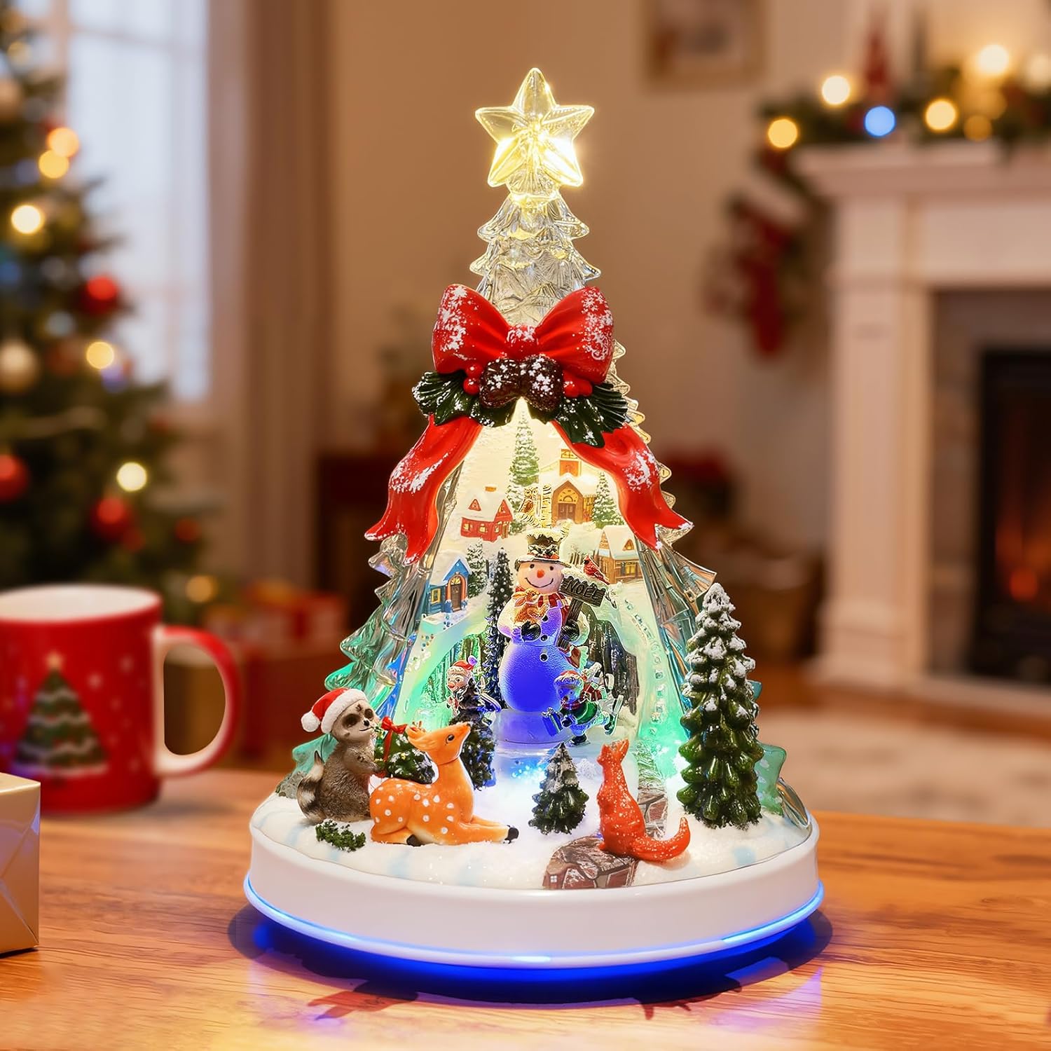 Skiennix 12.8" Animated Christmas Village Crystal Tree - Rotating Skiing Snowman, Lights & 8 Melodies