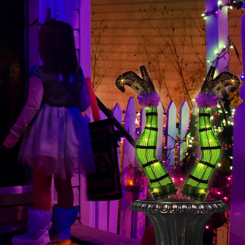Juegoal Set of 2 Halloween Lighted Wicked Witch Legs with Stakes, 22" Light Up Tinsel Witch Prop, Halloween Yard Signs Timer & 8 Modes, Battery Operated for Outdoor Party Haunted House Garden Decor