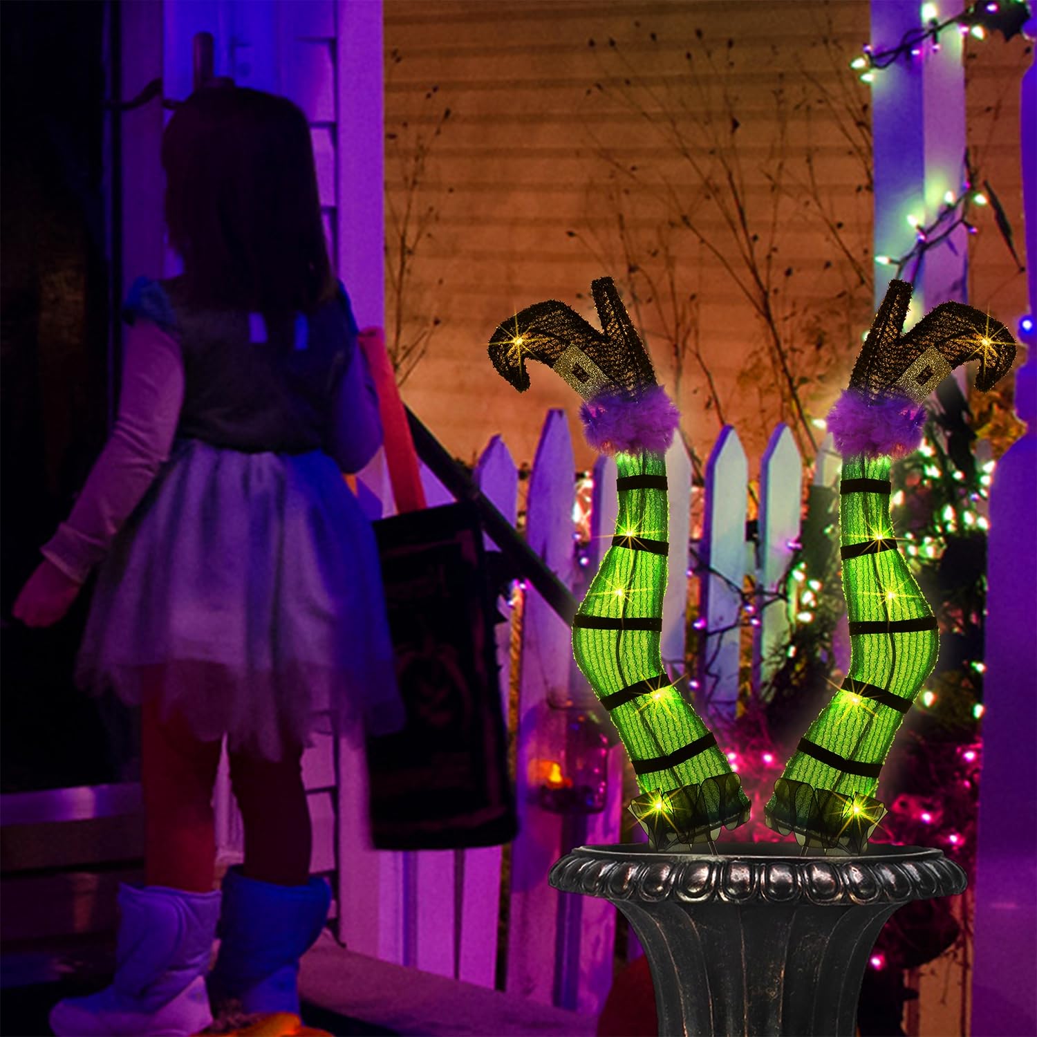 Juegoal Set of 2 Halloween Lighted Wicked Witch Legs with Stakes, 22" Light Up Tinsel Witch Prop, Halloween Yard Signs Timer & 8 Modes, Battery Operated for Outdoor Party Haunted House Garden Decor