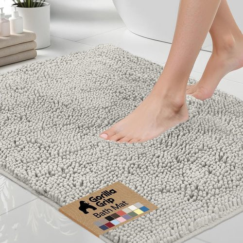 GORILLA GRIP Bath Rug Mat - Soft Absorbent Chenille | Quick-Dry Microfiber 48x17 Light Gray