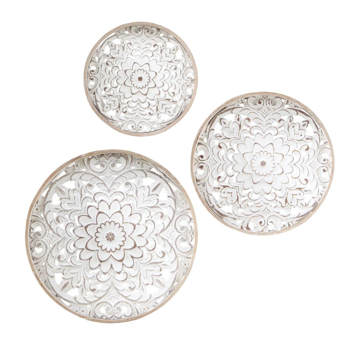Madison Park Wall Art Living Room Décor - Medallion Trio Real Fir Wood Round Design, Home Accent Modern Kitchen Dining Decoration, Ready to Hang Panel for Bedroom, Multi-Sizes, Natural/White 3 Piece