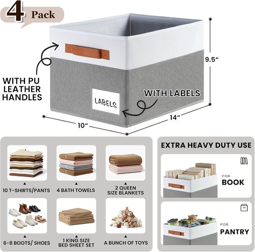 Criusia Large Closet Storage Baskets - 4 Pack Non-Dust-Absorbing Organizer Bins with Handles & Labels | Decorative Collapsible Baskets for Home