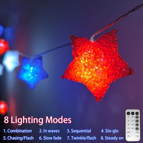 4th of July Decorations Red White and Blue Star Lights 6.8Ft 10 LED 3D Star Patriotic Lights with Timer, Fourth of July String Light for Indoor Outdoor Memorial Day Independence Day Party Home Decor