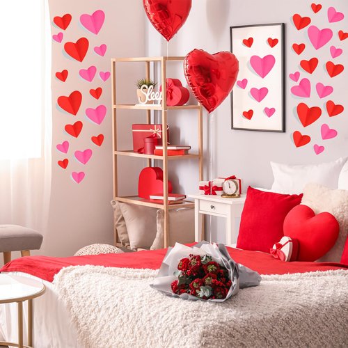 74 Pcs Valentine's Day Decoration, 3D Red and Pink Heart Valentine Wall Stickers, Waterproof Wall Decals, for Wedding Anniversary Party Bedroom School Office (Valentines)