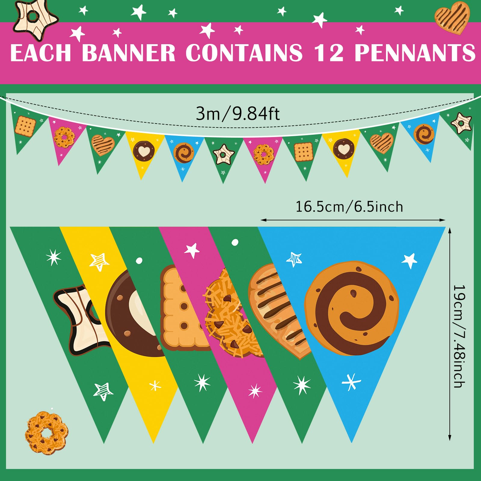 Gilprop 5 Pcs Cookie Triangular Flags Banner 9.84 ft Cookie Booth Banner for Street Theme Birthday Baby Shower