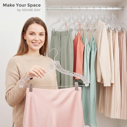 HOUSE DAY Clear Plastic Pants Hangers - Non-Slip Clips & 360° Swivel Hook | 12 Pack for Tops & Bottoms