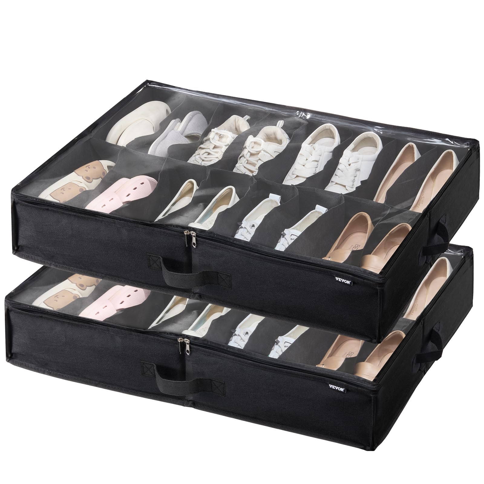 VEVOR Under Bed Shoe Storage Organizer, Set of 2, Total 32 Compartments, Underbed Shoes Closet Storage Solution with Clear Window, Breathable, Foldable Fabric Container Box with Reinforced Handles