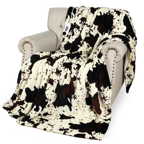 Cow Print Heated Blanket, 90"x100" Electric Blanket King Size Dual Control, Cozy Soft Flannel Sherpa Heating Blankets with 9 Heat Levels & 2/4/8/12H Auto-Off