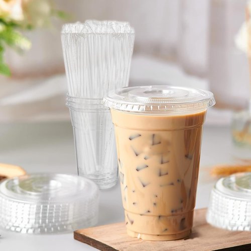 TashiBox TahiBox Plastic cups with lids and straws 16 oz 100sets [100 cups & 100 flat lids & 100 straws],clear crystal disposable iced coffee cups with lids
