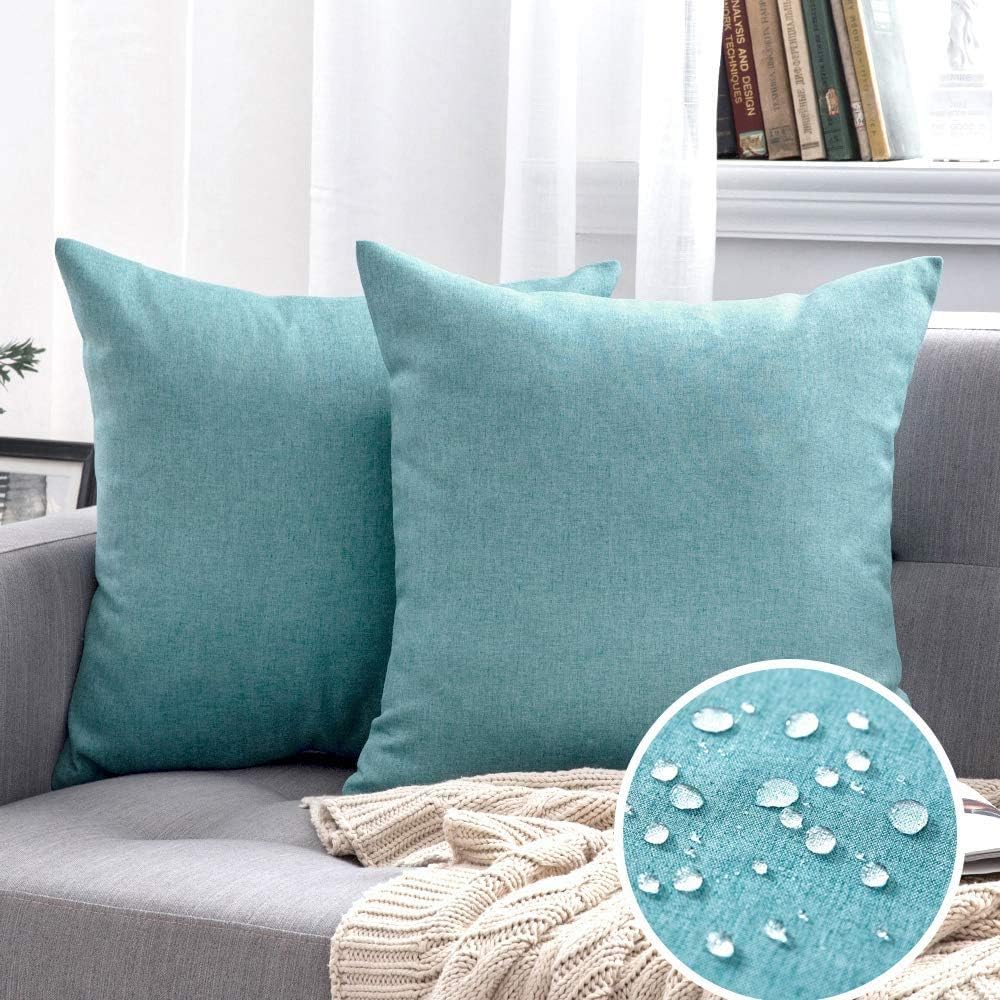 MIULEE Decorative Outdoor Throw Pillow Covers - Waterproof Faux Linen Cushion Cases | 16x16 Inch Turquoise (Pack of 2)