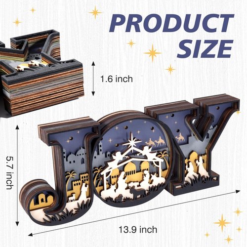Christmas Nativity Set - 3D Religious Scene with LED Joy Letter Lights | Indoor Tabletop Decorations