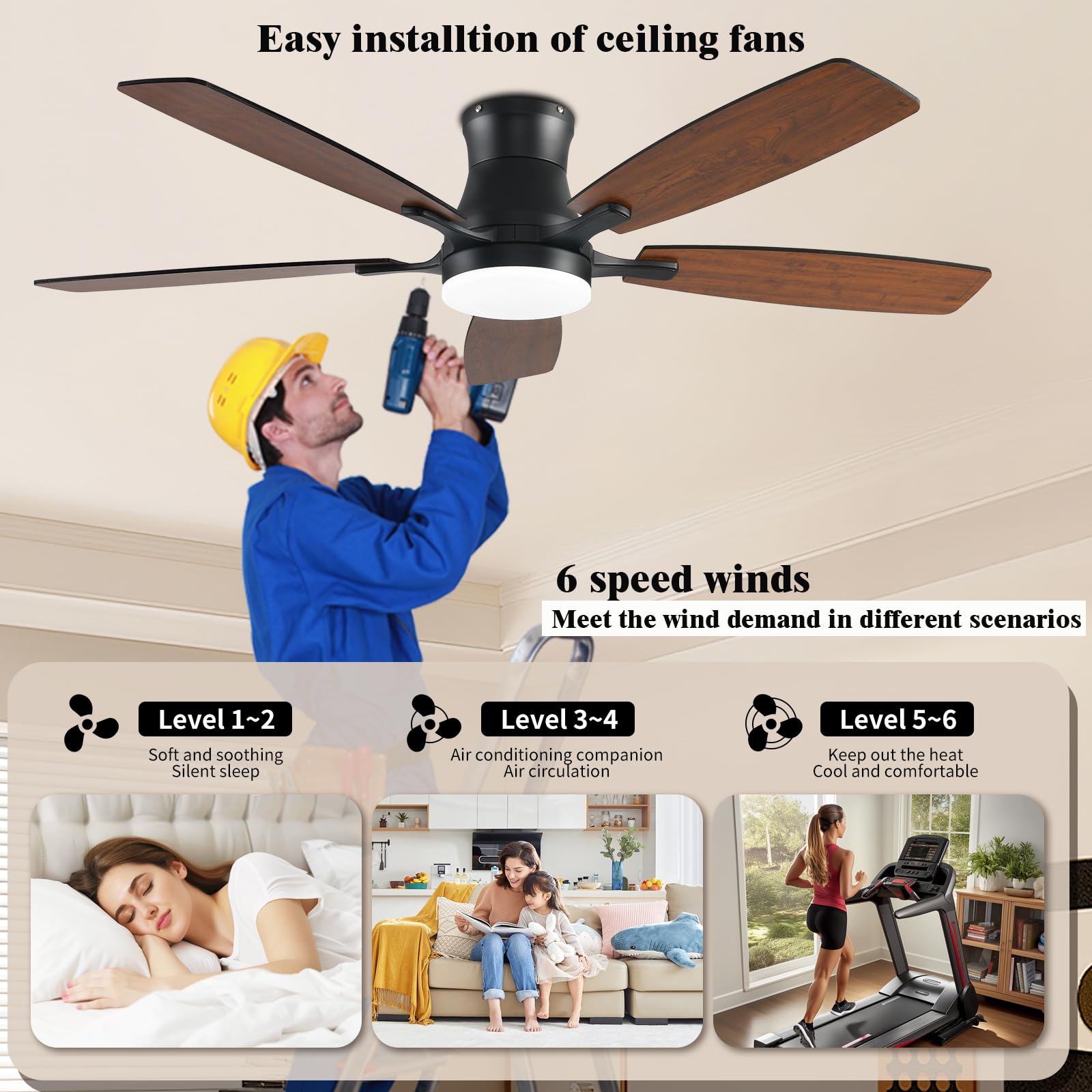 FUMLTP Ceiling fans with Lights, 54 In RGB Low Profile Indoor Ceiling fan with Light and Remote/App Control, Dimmable, Flush Mount, DC Reversible Motor, Noiseless Modern Ceiling Fan For Bedroom（Brown）