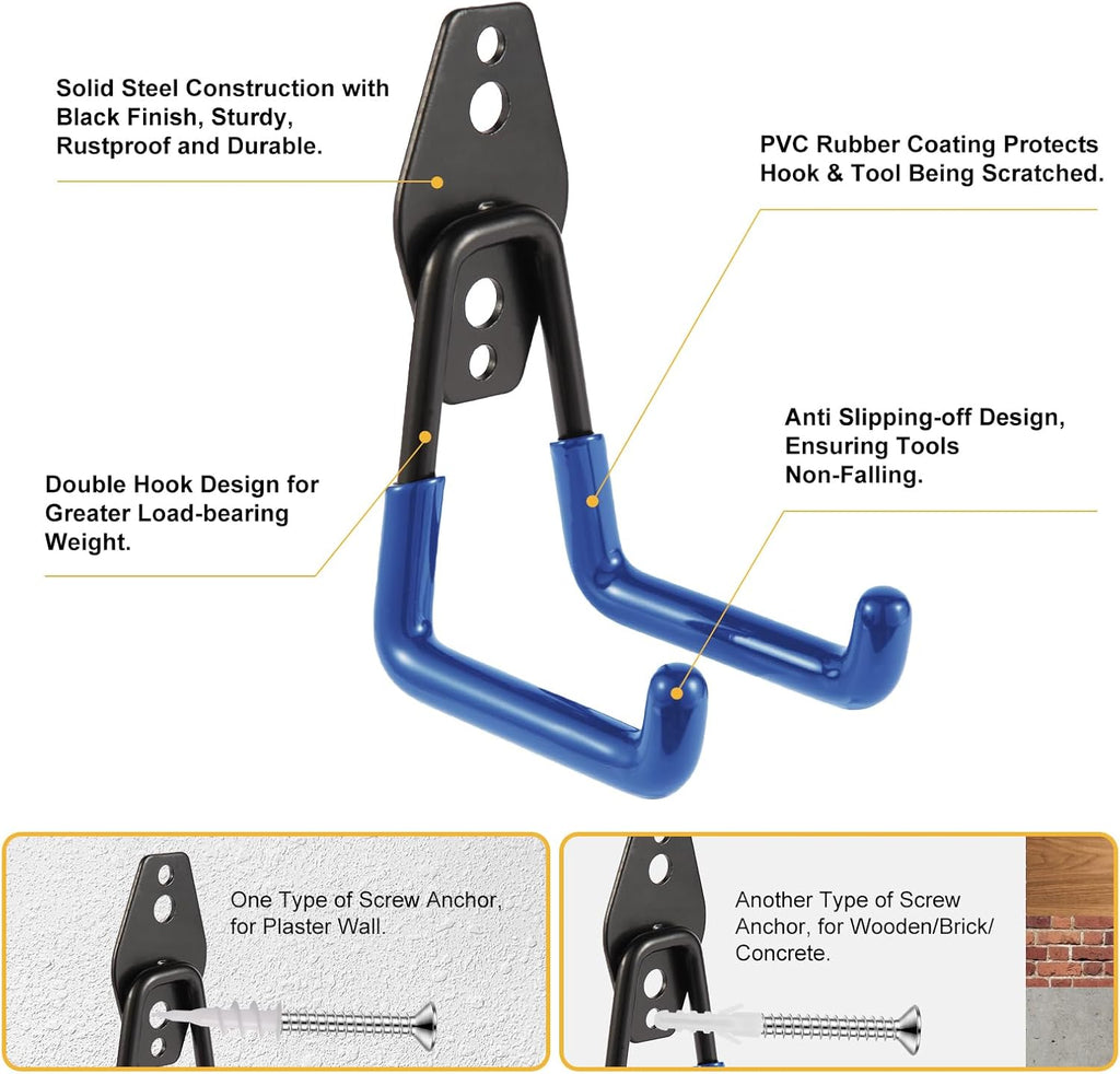 Steel Garage Hooks - Heavy Duty Wall Tool Organizer | 10 Pack for Ladders, Ropes & Garden Tools