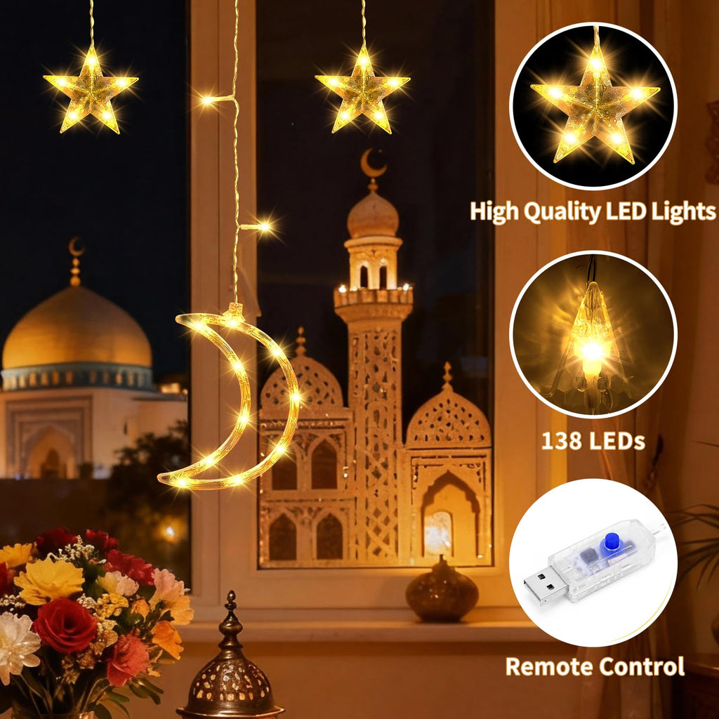 BomKra Dazzle Bright Ramadan Curtain String Lights, 138 LED Warm White Star Moon Fairy Lights 8 Lighting Modes with Remote and 12 Hooks for Bedroom Wall, Outdoor Party, Ramadan Decorations