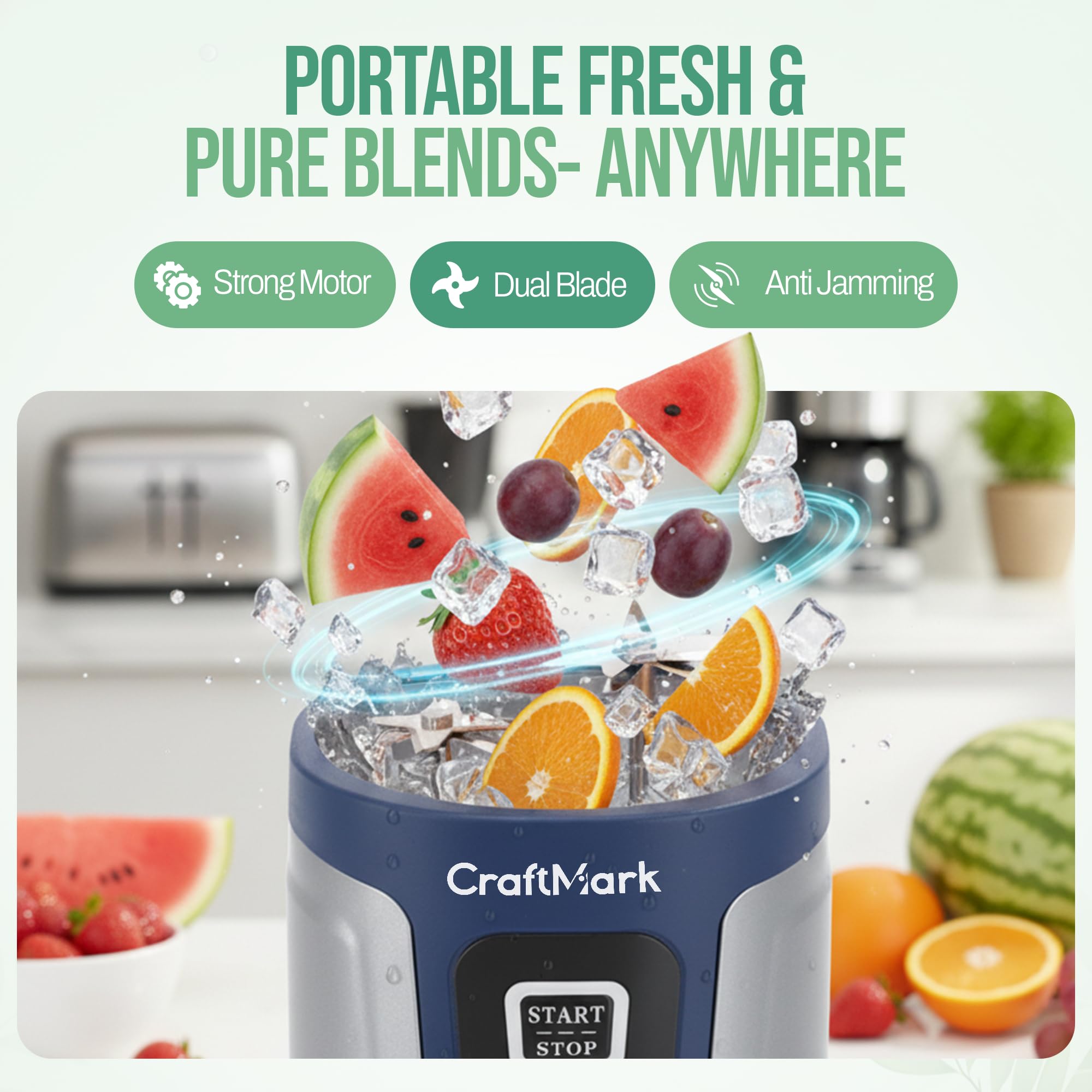 Portable Smoothie Blender – 24oz Personal Mini Blender, USB Rechargeable Cordless Smoothie Maker for Protein Shakes, Ice Crusher & Frozen Fruit with Travel Portable Juicer