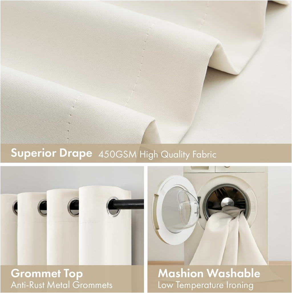 MIULEE 100% Blackout Curtains - Thermal Insulated, Noise Reducing, 96 Inch Long, 2 Panels, Cream