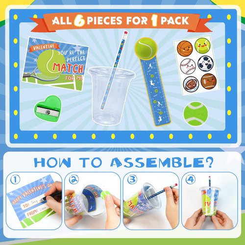 PaLeyFer 30 Pack-210+ Piece Sports Stationery Gift Set, Valentines Day Gifts Cards for Kids Classroom Exchange Prize, Valentine's Sports Party Favors with Cards Cups Pencils Rulers Stickers Erasers