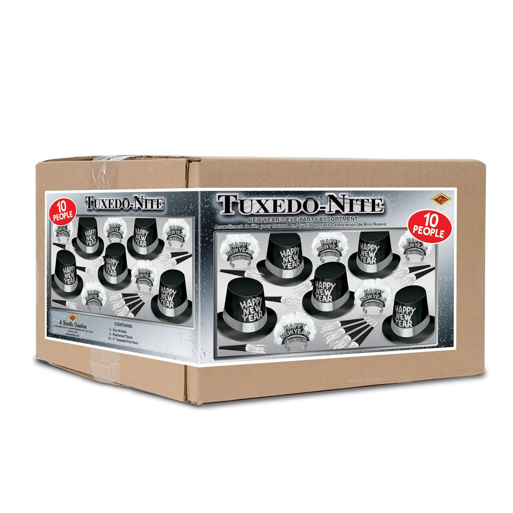 Beistle Tuxedo-Nite New Years Eve Party Assortment for 10 People- NYE Glittered Top Hats, Feathered Tiaras, Tassel Horns, Made in USA Since 1900