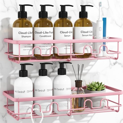 Adhesive Shower Caddy | Large Capacity No-Drill Bathroom Organizer - 2 Pack Pink Shelves for Home Decor