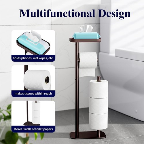 Kitsure Free Standing Toilet Paper Holder - Rustproof Metal Stand for 4 Rolls with Anti-Slip Base & Shelf, Medium Brown