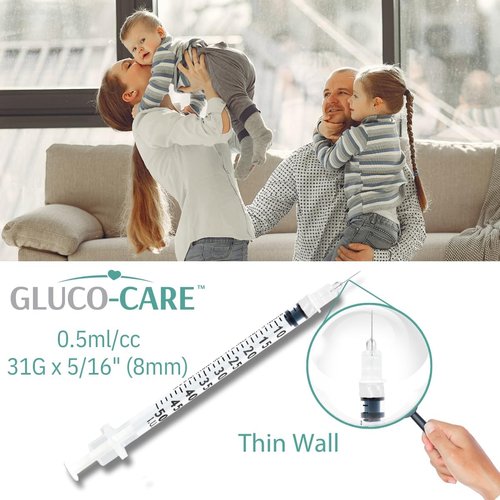 GLUCO-CARE 31G x 5/16’’ Syringes - 0.5 ml/cc for Precision Insulin Delivery, 100/Box